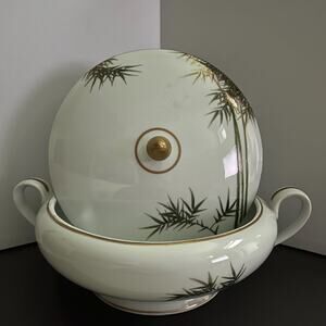Vintage Koshida Japan Soup Tureen:  Bamboo Design, Gold Trim